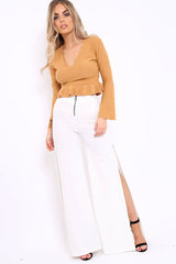 Camel Plunge Flare Sleeve Crop Top with Frill Hem - Masie-Crop Tops