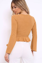 Camel Plunge Flare Sleeve Crop Top with Frill Hem - Masie-Crop Tops