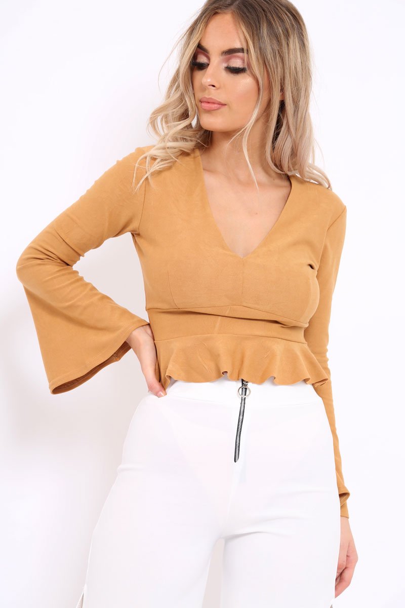 Camel Plunge Flare Sleeve Crop Top with Frill Hem - Masie-Crop Tops