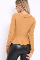 Camel Plunge Frill Wrap Tie Front Top - Rebecca-Tops