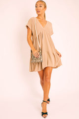 Camel Plunge Neckline Tiered Dress - Caralyn-Dresses