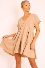 Camel Plunge Neckline Tiered Dress - Caralyn-Dresses