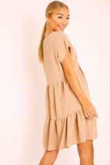 Camel Plunge Neckline Tiered Dress - Caralyn-Dresses