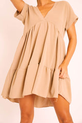 Camel Plunge Neckline Tiered Dress - Caralyn-Dresses