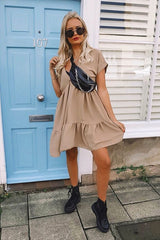Camel Plunge Neckline Tiered Dress - Caralyn-Dresses