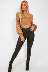 Camel Plunge Off Shoulder Cropped Sweatshirt - Zarah-Sweatshirts