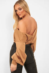 Camel Plunge Off Shoulder Cropped Sweatshirt - Zarah-Sweatshirts