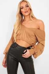 Camel Plunge Off Shoulder Cropped Sweatshirt - Zarah-Sweatshirts