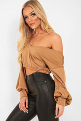 Camel Plunge Off Shoulder Cropped Sweatshirt - Zarah-Sweatshirts