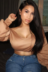 Camel Plunge Off Shoulder Cropped Sweatshirt - Zarah-Sweatshirts