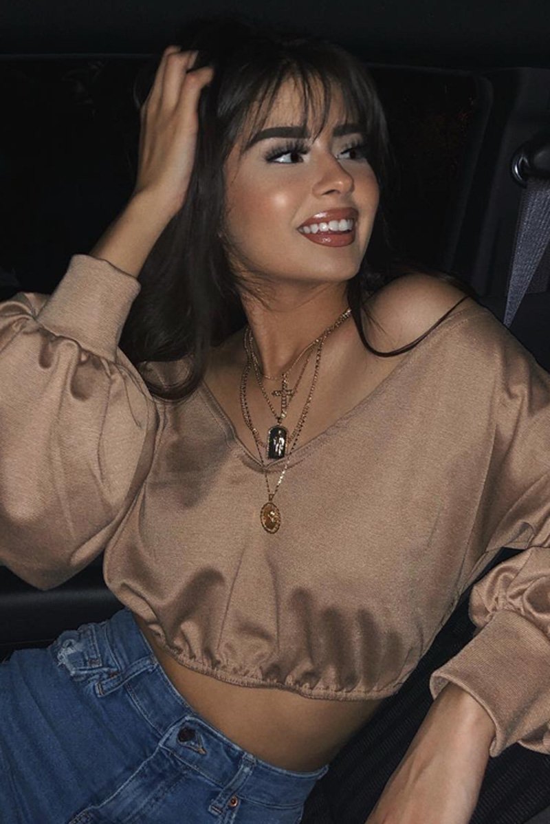 Camel Plunge Off Shoulder Cropped Sweatshirt - Zarah-Sweatshirts