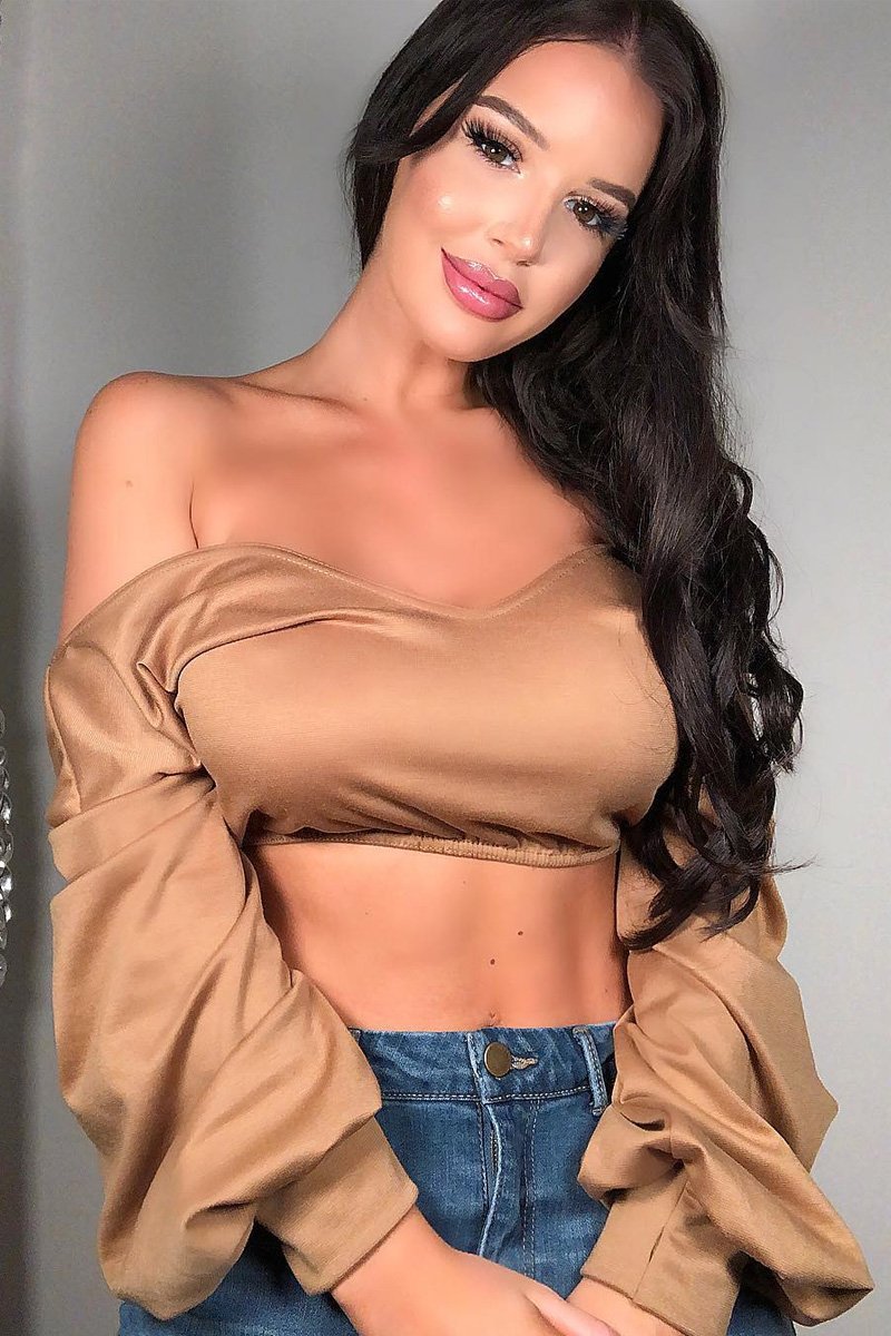 Camel Plunge Off Shoulder Cropped Sweatshirt - Zarah-Sweatshirts