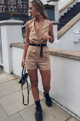 Camel Plunge Woven Utility Pocket Playsuit - Megan-Playsuits