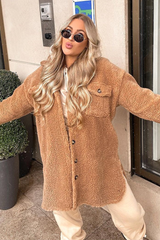 Camel Pocket Front Teddy Shacket - Ozie