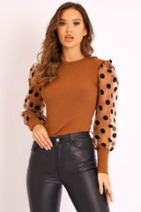 Camel Polka Dot Puff Sleeve Ribbed Top - Irisa-Tops