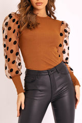 Camel Polka Dot Puff Sleeve Ribbed Top - Irisa-Tops