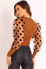 Camel Polka Dot Puff Sleeve Ribbed Top - Irisa-Tops