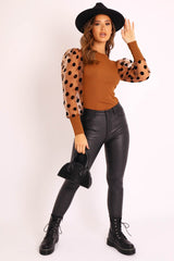Camel Polka Dot Puff Sleeve Ribbed Top - Irisa-Tops