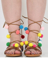 Camel Pom Pom Lace Up Sandals - Vixi-Sandals