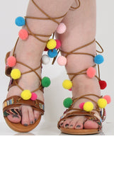Camel Pom Pom Lace Up Sandals - Vixi-Sandals