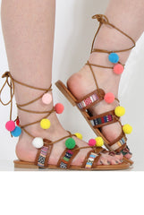 Camel Pom Pom Lace Up Sandals - Vixi-Sandals