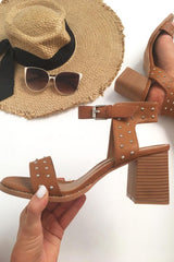 Camel Pu Studded Ankle Strap Heels -Lilias-Heels