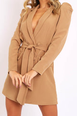 Camel Puff Sleeve Belted Waist Blazer Dress - Daionna-Dresses