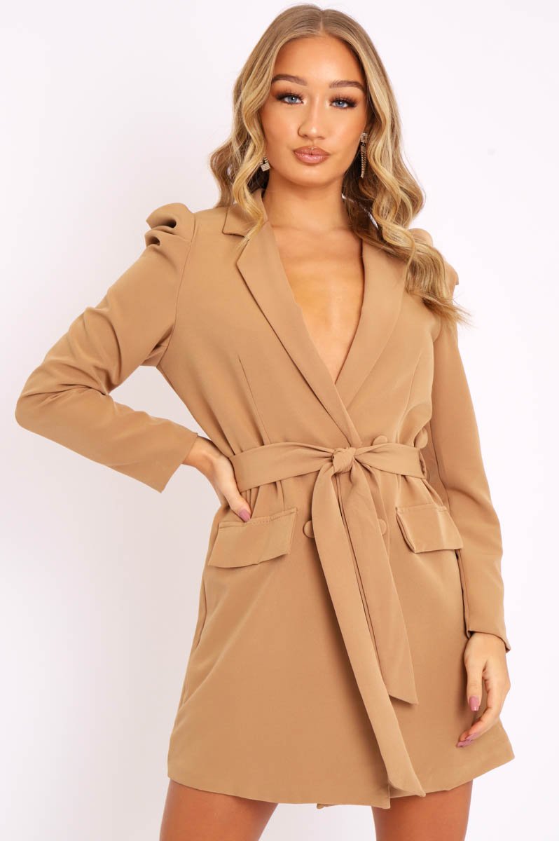 Camel Puff Sleeve Belted Waist Blazer Dress - Daionna-Dresses
