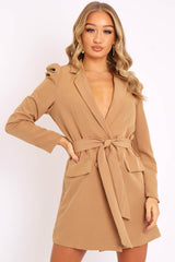 Camel Puff Sleeve Belted Waist Blazer Dress - Daionna-Dresses