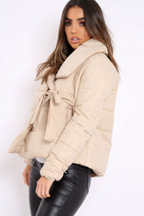 Camel Puffer Jacket with Tie Front - Lolamae-Jackets