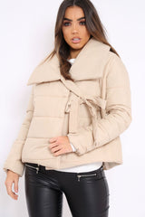 Camel Puffer Jacket with Tie Front - Lolamae-Jackets