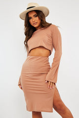 Camel Rib Batwing Crop Top Skirt Co-ord - Eyla-Co-ords