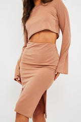 Camel Rib Batwing Crop Top Skirt Co-ord - Eyla-Co-ords