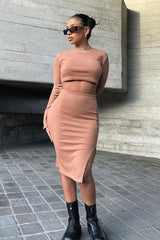 Camel Rib Batwing Crop Top Skirt Co-ord - Eyla-Co-ords