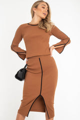 Camel Rib Contrast Piping Jumper Midi Skirt Co-Ord - Eloise-Co-ords