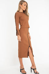 Camel Rib Contrast Piping Jumper Midi Skirt Co-Ord - Eloise-Co-ords