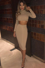 Camel Rib High Neck Midi Length Skirt Set - Zooey-Co-ords
