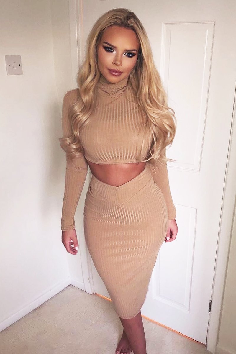 Camel Rib High Neck Midi Length Skirt Set - Zooey-Co-ords