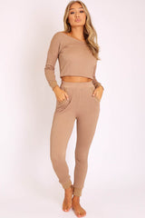 Camel Ribbed Bardot Top and Pocket Detail Trousers Co-ord - Skarlet-Co-ords