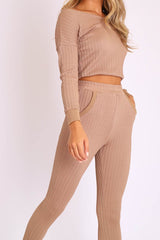 Camel Ribbed Bardot Top and Pocket Detail Trousers Co-ord - Skarlet-Co-ords