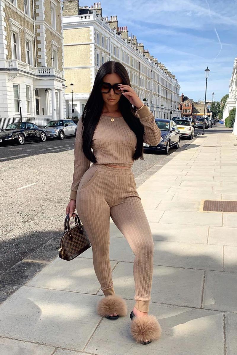 Camel Ribbed Bardot Top and Pocket Detail Trousers Co-ord - Skarlet-Co-ords