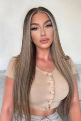 Camel Ribbed ButtonFrill Hem Crop Top - Pennie-Crop Tops