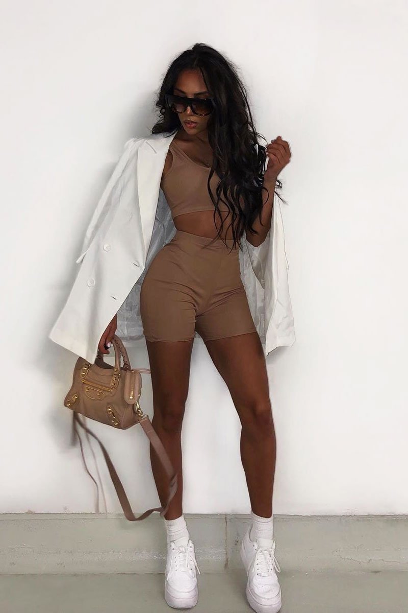 Camel Ribbed Crop Top and Cycling Shorts Co-ord - Renny-Co-ords