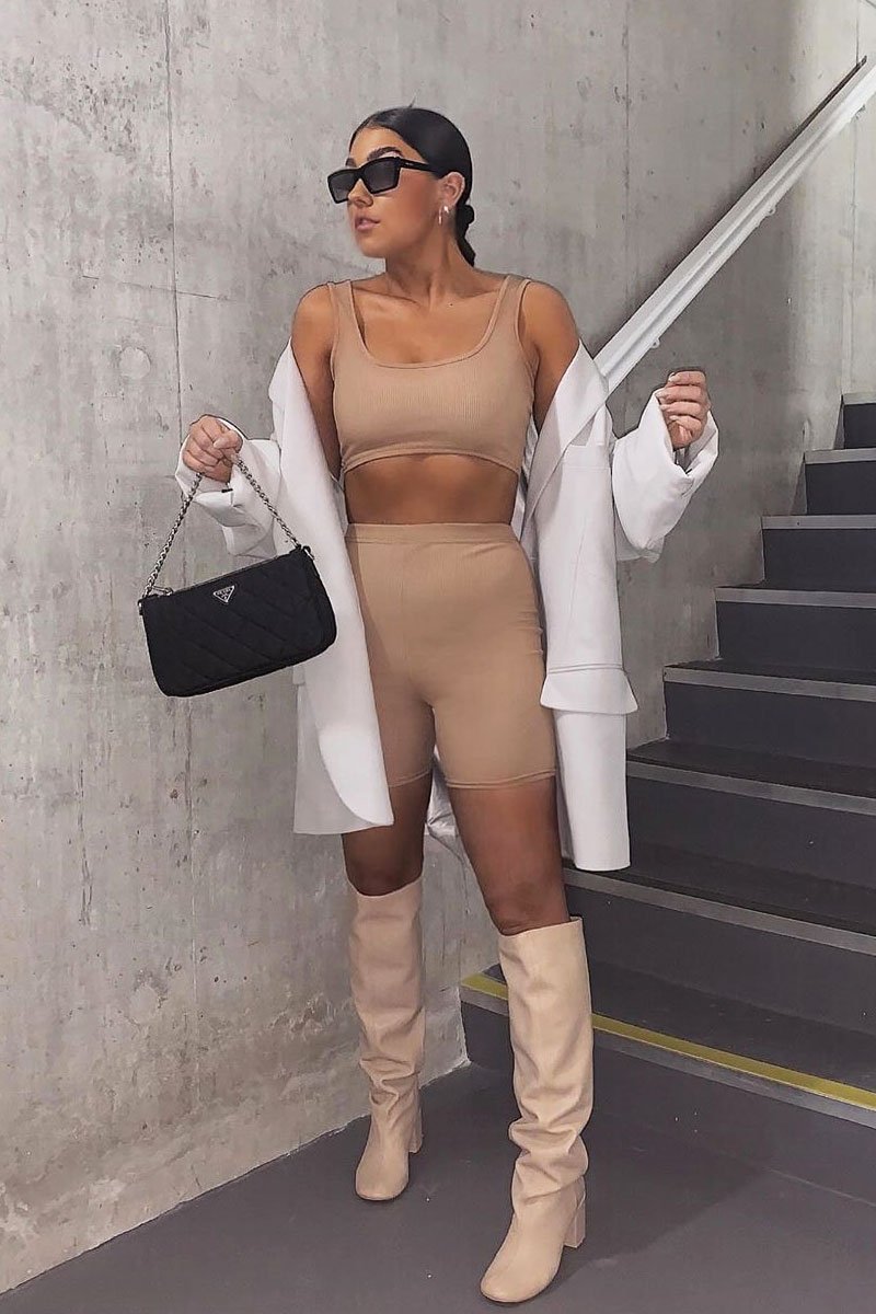 Camel Ribbed Crop Top and Cycling Shorts Co-ord - Renny-Co-ords