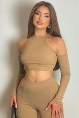Camel Ribbed Cut Out Shoulders Crop Top - Tyra