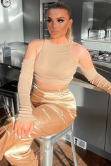 Camel Ribbed Cut Out Shoulders Crop Top - Tyra