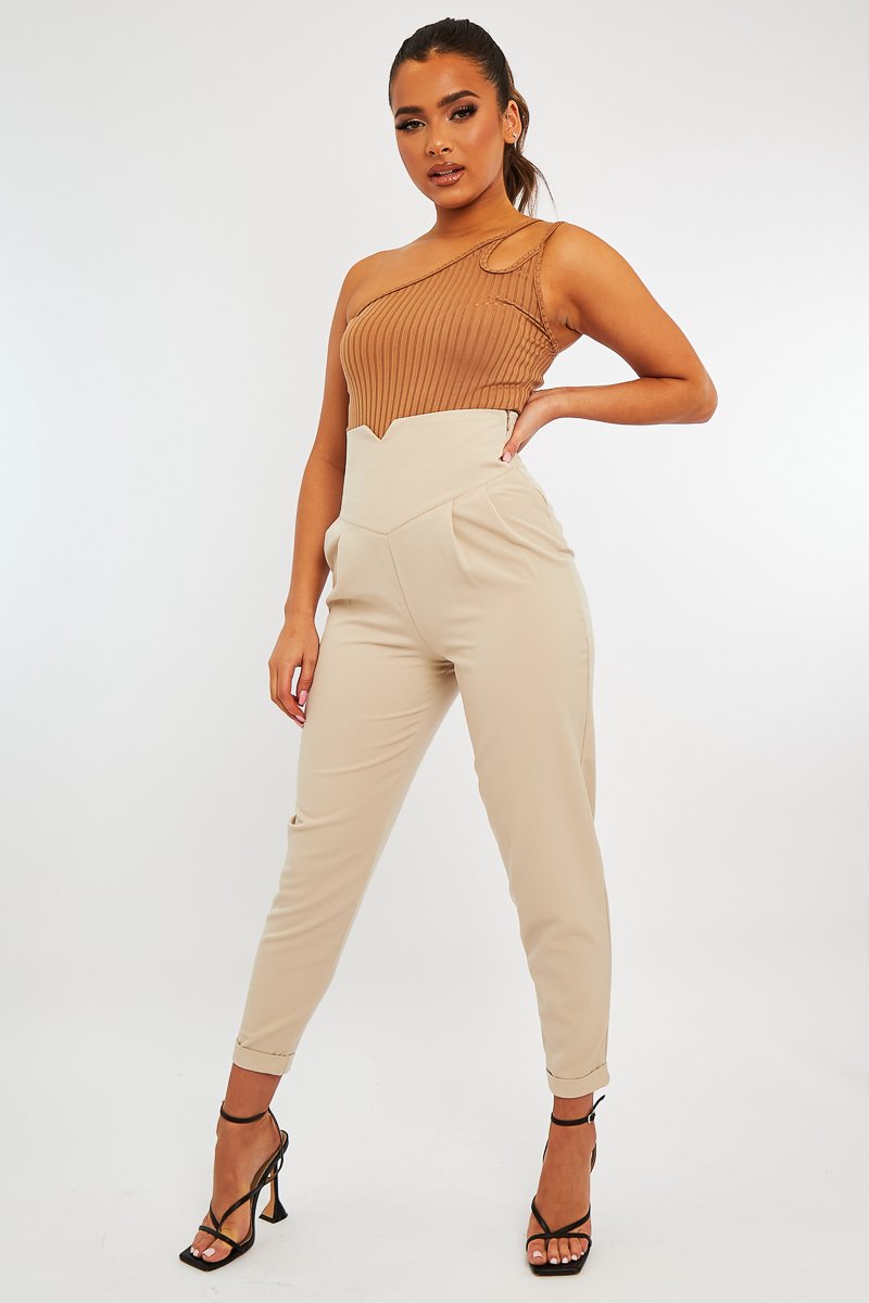 Camel Ribbed Double Strap One Shoulder Bodysuit - Lavia-Bodysuits