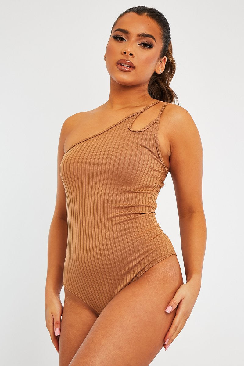 Camel Ribbed Double Strap One Shoulder Bodysuit - Lavia-Bodysuits