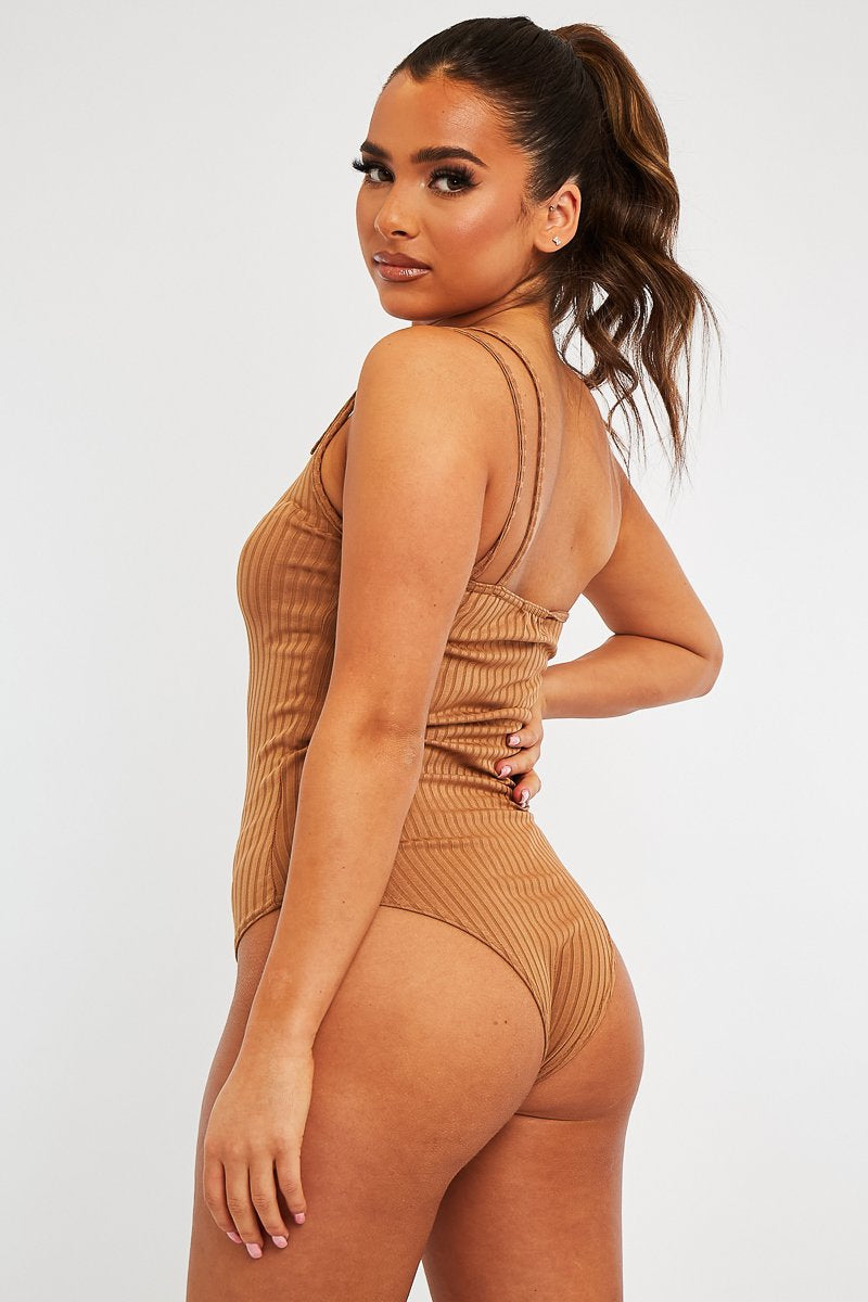 Camel Ribbed Double Strap One Shoulder Bodysuit - Lavia-Bodysuits