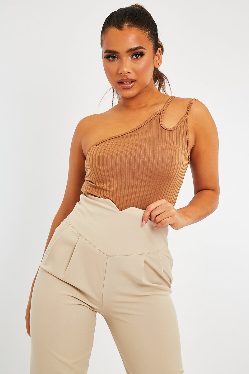 Camel Ribbed Double Strap One Shoulder Bodysuit - Lavia-Bodysuits